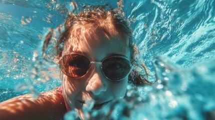 Naklejka premium Stylish Woman Wearing Sunglasses Swimming Close Up Against a Bright Blue Pool Backdrop Vibrant Lifestyle Image, Ideal for RelaxationFocused Projects.