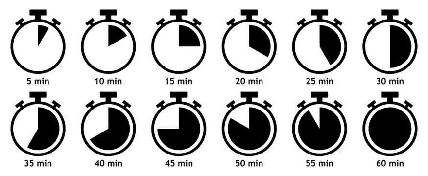 Timer, clock, stopwatch vector icon set from 5 to 60 minutes isolated on white background. Countdown timer vector illustration. Flat style.
