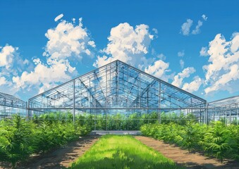 Greenhouse complex under a vibrant sky