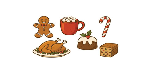Print  Christmas Holiday Food Sticker Pack &ndash; Gingerbread, Hot Cocoa, Candy Cane, Turkey, Pudding, and Fruitcake Vector Illustration