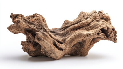 Obraz premium Weathered Driftwood Sculpture on White Background, Abstract Wood Texture