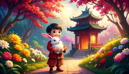 Child with rabbit in a serene garden with a pagoda