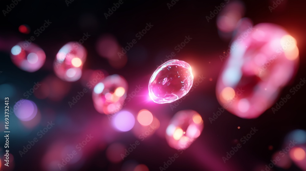 Poster microscopic view of luminous cells floating in dark space with vibrant lights
