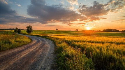 Scenic rural road at sunset
