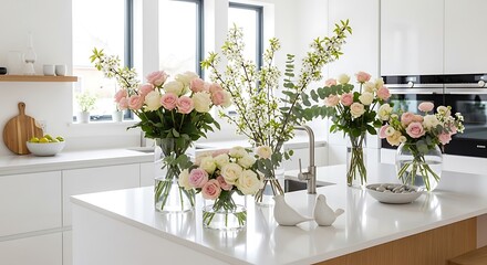 Naklejka premium A beautiful display of pastel-colored roses and other spring blooms in clear glass vases, accented by decorative birds, adorns a white kitchen countertop.