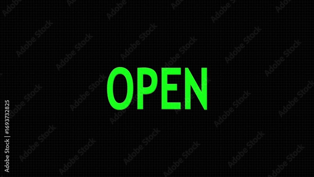 Aufkleber open text ,open sign appear on black background ,4k animation loop with dynamic glitch distortion ef