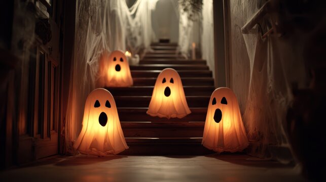 Three Ghostly Figures Haunting a Spooky Halloween Staircase U Halloween Concept Ar Raw V. Dcd De A C C, Perfect for Seasonal Marketing and Social Media Campaigns.