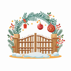 Obraz premium winter country scene with winter decor, branch, gate