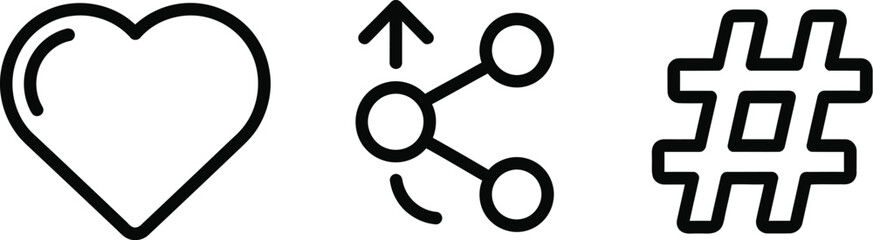 Heart, share, and hashtag icons in a row, representing social media engagement.