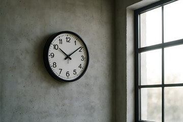 A clock on the wall with a black rim, showing time and sunlight coming through a window