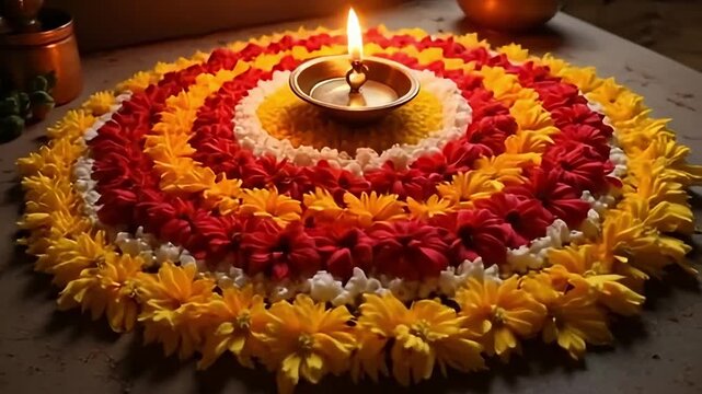 Vibrant flower rangoli with a lit oil lamp creates a festive and spiritual atmosphere.