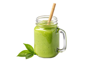 Green smoothie in a mason jar with straw isolated on transparent background, garnished with basil leaves