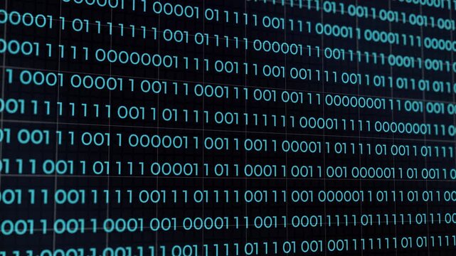 Computer animation with blue binary digits 1 and 0 in different configurations moving on dark background. 4k animation video