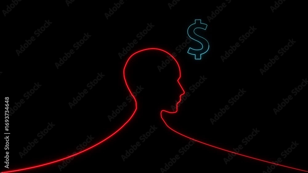 Poster neon glowing symbol of head silhouette with dollar symbol inside ,glowing in their head surrounded b