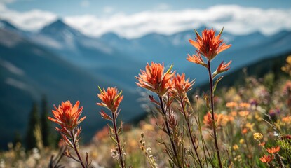 Vibrant wildflowers against a mountain backdrop