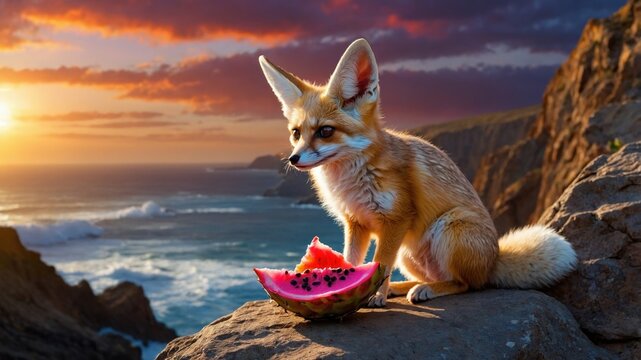 A fennec fox sitting on a rocky ledge at sunset, enjoying a slice of watermelon by the ocean