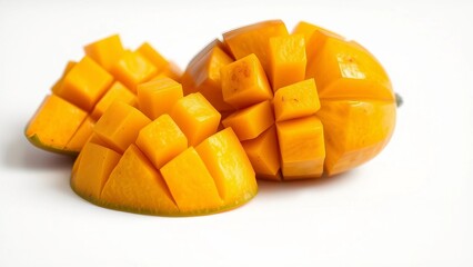 Deliciously ripe tropical mango fruit, expertly cubed and isolated on a clean white background for a concept of healthy eating
