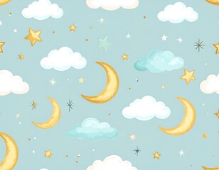 Childish sky pattern with clouds, moons, and stars
