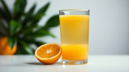 A refreshing glass of freshly squeezed orange juice next to a sliced orange on a clean white table, perfect for a healthy breakfast