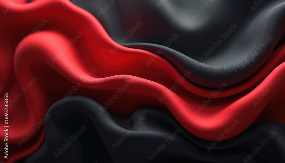 Poster abstract illustration of flowing fabric in red, black colors. material features smooth, wavy texture