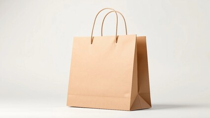 Eco-friendly brown paper gift bag with handles. Mockup of a reusable carrier bag for retail and shopping, isolated on a light gray background