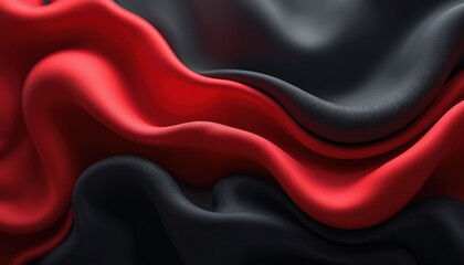 Abstract illustration of flowing fabric in red, black colors. Material features smooth, wavy textures with soft shadows, creating luxurious, dynamic visual. Ideal as background for design elements