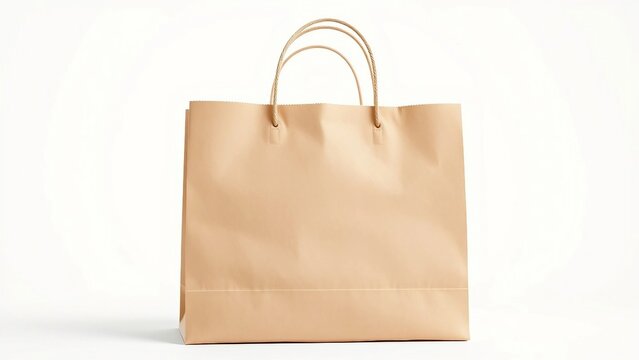 Recyclable brown paper shopping bag with handles isolated on a white studio background. A concept for eco-friendly retail and sustainable consumerism