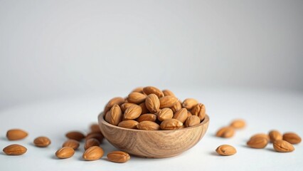 Fresh organic almonds in a rustic wooden bowl against a clean white background, a concept of wholesome nutrition and natural superfood snacks