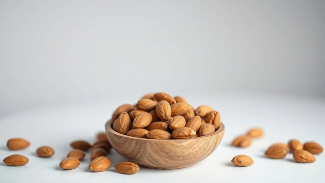 Fresh organic almonds in a rustic wooden bowl against a clean white background, a concept of wholesome nutrition and natural superfood snacks
