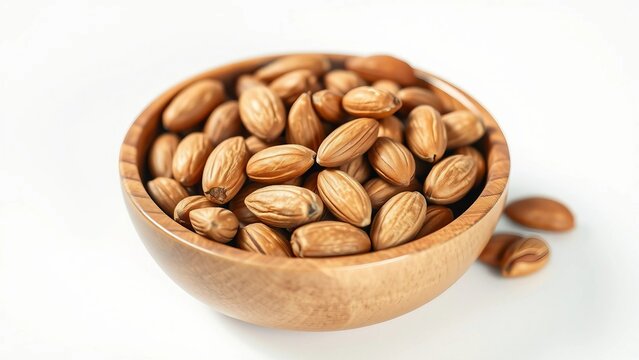 A simple wooden bowl filled with delicious and healthy whole raw almonds, a natural superfood snack isolated on a clean white background