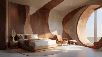 Artistic modern bedroom with organic wooden wall design and natural sunlight interior