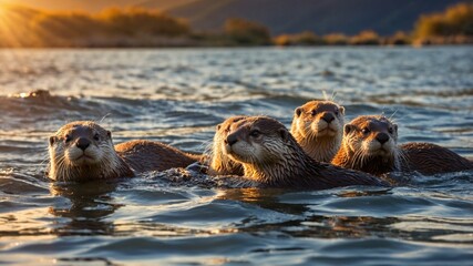 Fototapeta premium Group of playful otters swimming together at sunset in a serene lake surrounded by mountains