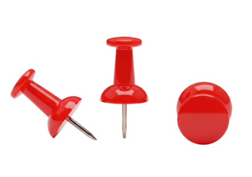 Three distinct bright red glossy pushpins with silver pins, angled, upright, and overhead views, against a transparent background with copy space and soft shadows, concept of office organization and