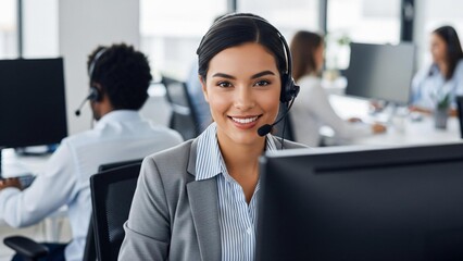 Smiling support agent with headset assists clients at desk