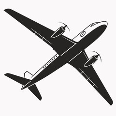 Clean black vector silhouette of a vintage propeller airplane flying high