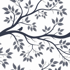 Seamless vector pattern organic flowing branches with leaves and a bird illustration