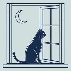 Minimal silhouette black cat sitting in open window under crescent moon vector illustration
