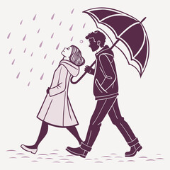 Romantic couple walking under umbrella vector illustration for romantic designs