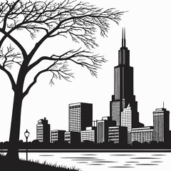 Minimalist black and white city skyline silhouette vector illustration by a water body