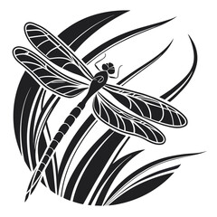 Elegant black vector art silhouette of a dragonfly amidst tall grass blades
