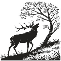 Elegant deer silhouette with large antlers under a tree vector illustration scalable icon