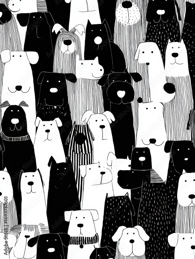 Poster collection of playful dogs in black and white pattern showcasing various breeds and playful expressi