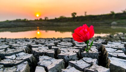 Single vibrant red flower in cracked earth at sunset