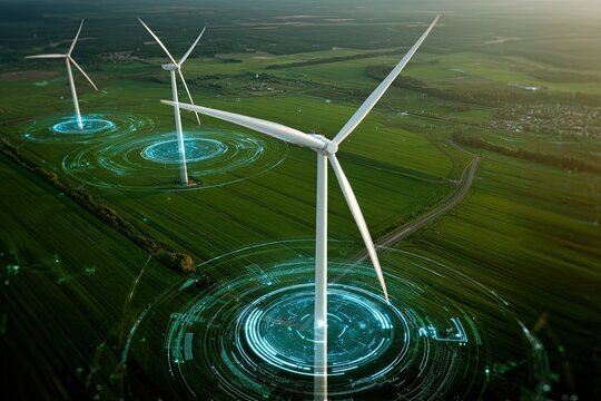 Aerial view of wind turbines in a field, with futuristic digital overlays