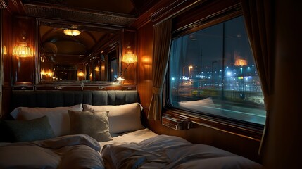 Fototapeta premium Inside a luxurious European sleeper train at night, dim ambient light, elegant interior, city lights through the window
