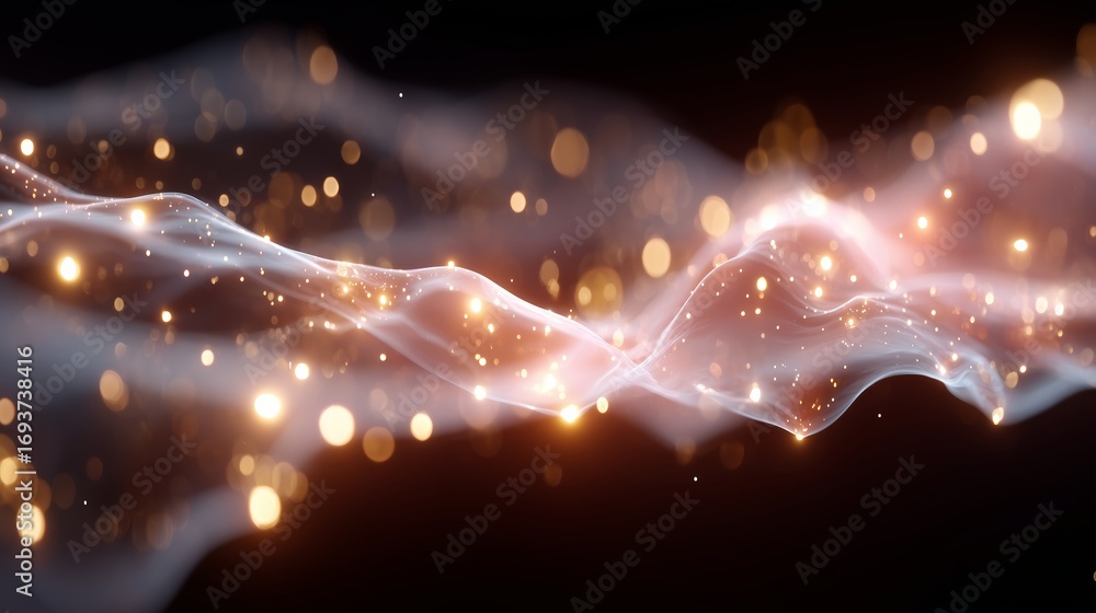 Poster swirling light patterns create an ethereal atmosphere filled with glowing orbs