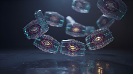 Floating ring of translucent geometric shapes with golden eye in the center