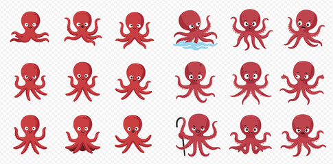 A collection of cute red cartoon octopuses in various poses and expressions on a transparent background.
