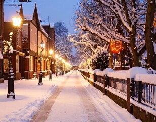 Obraz premium Snowy street at night with warm lighting