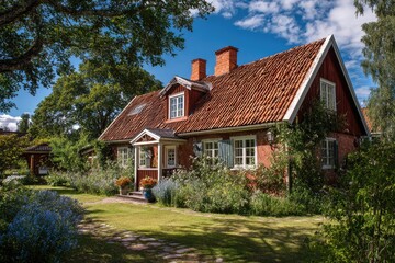 Charming red house nestled in a garden
